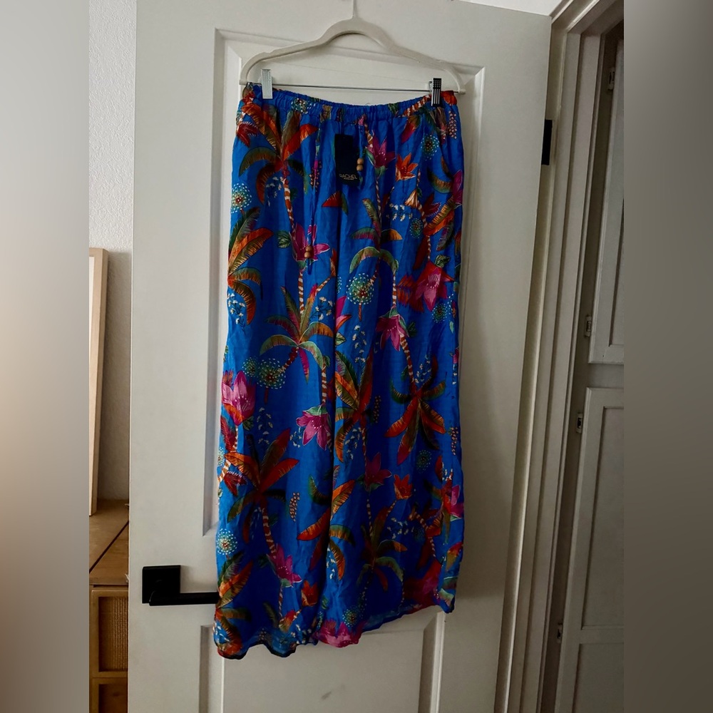 NWT RACHEL ROY WIDE LEG PANTS TROPICAL PLANTS LEAVES PALMS PULL UP SMALL BLUE